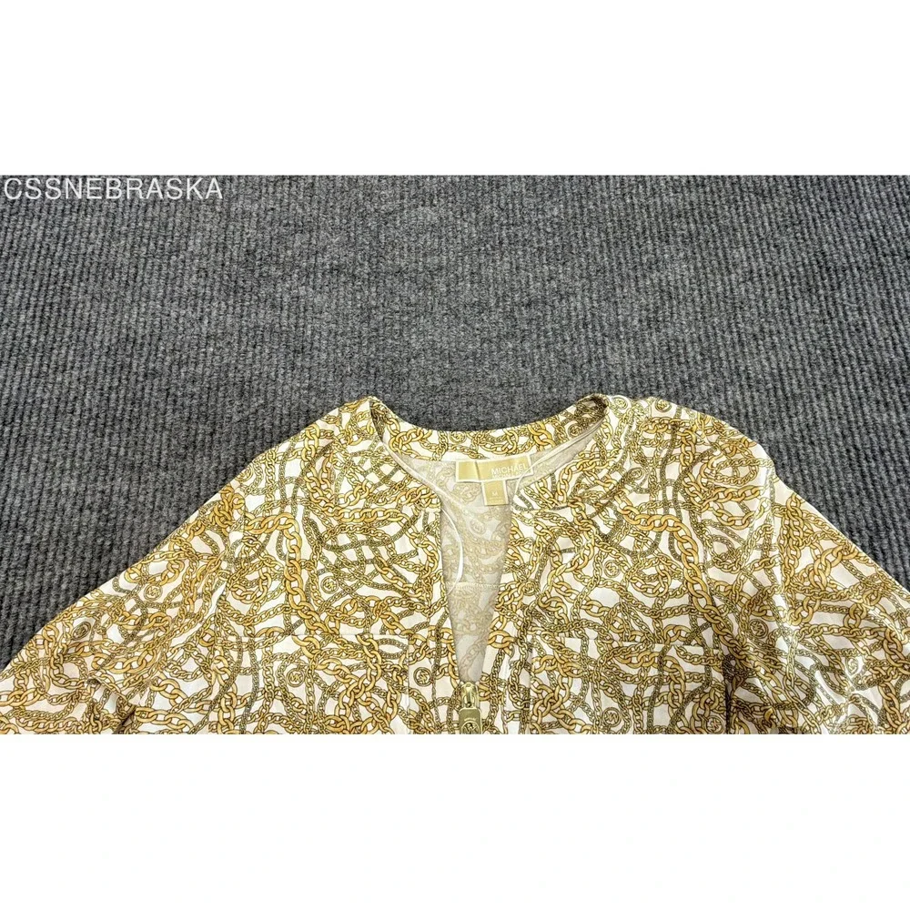 Michael Kors Yellow Women's Blouse Gold Chain Link Print Zip Front Top - Medium